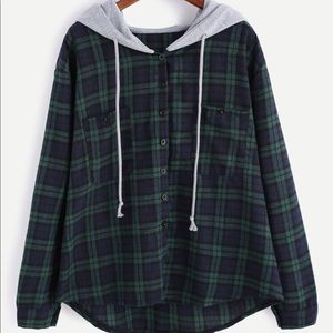 SHEIN Plaid Contrast Drawstring Hooded Flannel XL